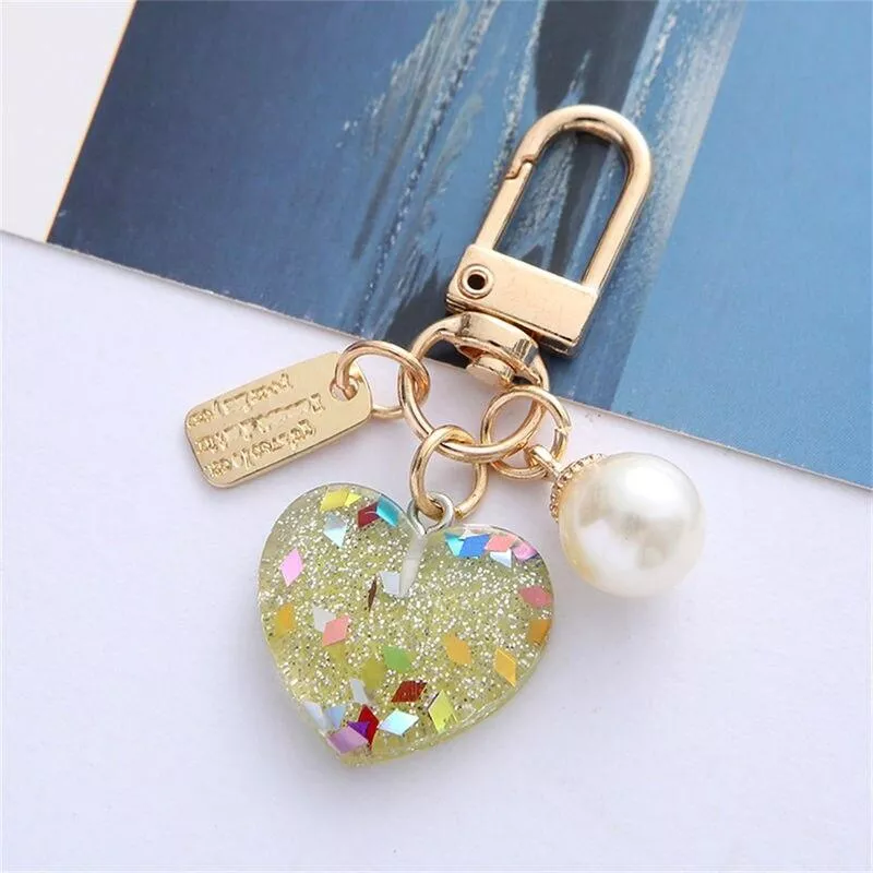 Bling Acrylic Heart Keychain With Colorful Sequin Sweet Pearl Metal Tag Keyring For Women Girls Earphone Purse Decoration